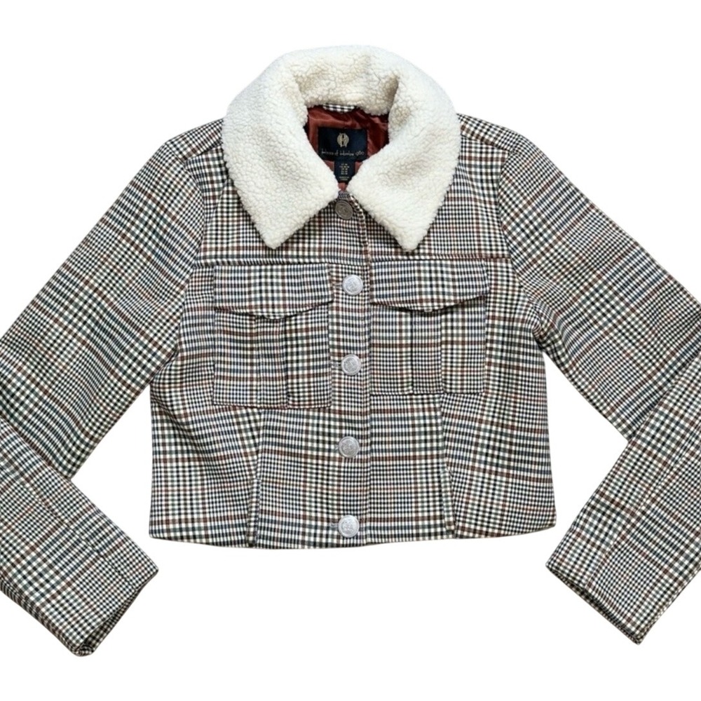 House of Harlow 1960 Plaid Sherpa Collar Cropped Jacket Brown XL